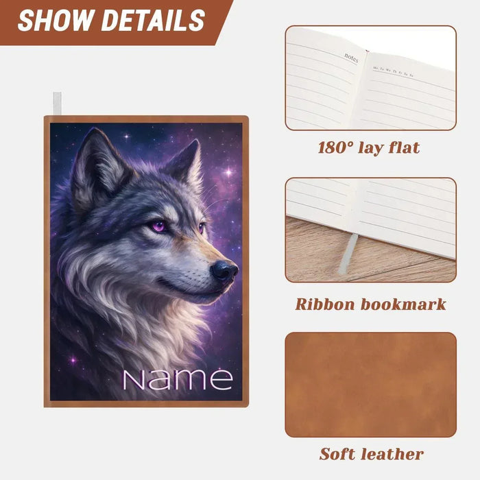 A5 notebook details: wolf galaxy cover, ribbon bookmark, soft leather look