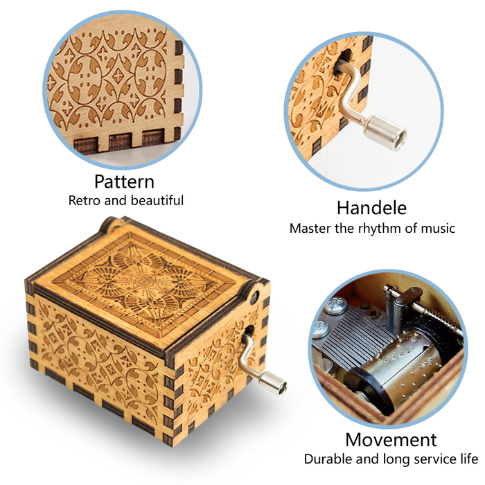 Engraved wooden music box with feature callouts for pattern, handle, and movement