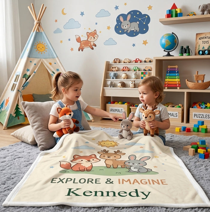Personalized Woodland Friends Blanket | Custom Name | Fox Deer Bunny Explore Imagine Gift