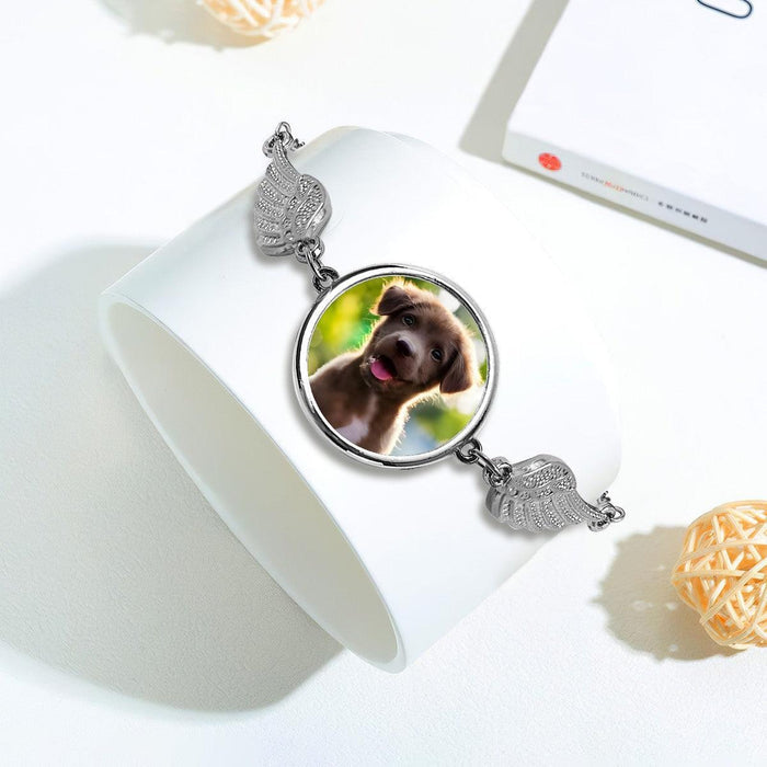 Angel wings pet memorial photo bracelet with round dog photo bezel and chain