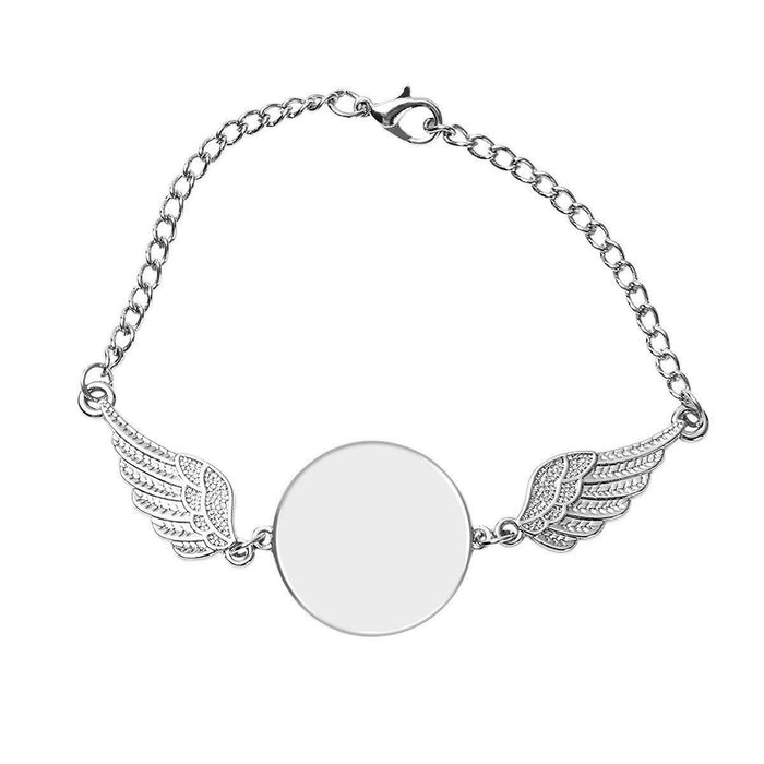 Silver-tone pet memorial bracelet with angel wings and blank round photo charm