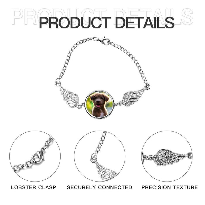 Pet memorial bracelet product details graphic with lobster clasp and wing charms