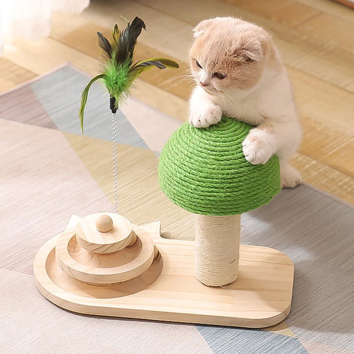 Cat scratching post with attached toy