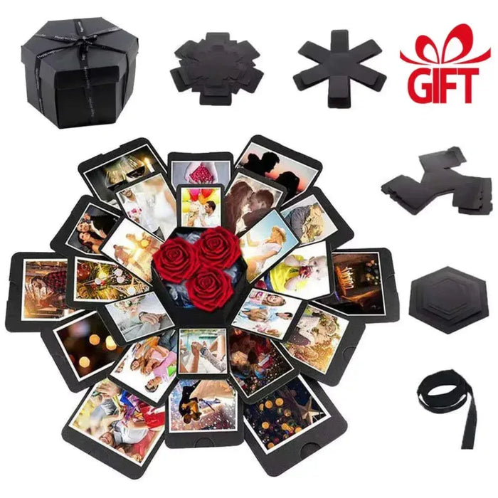 Black photo explosion box with red rose emblem and fanned photo cards