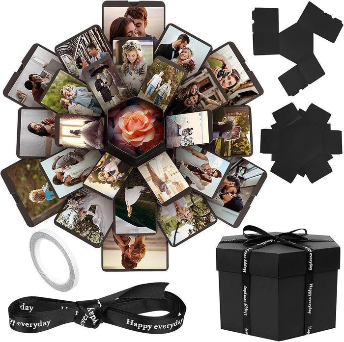 Black explosion gift box with photo cards and ribbons, plus closed gift box
