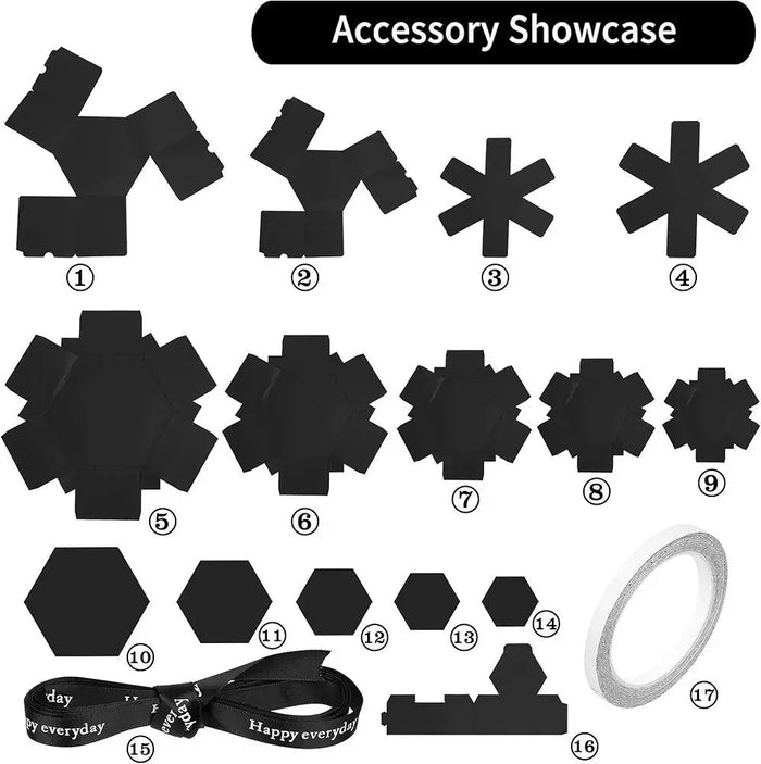 Black accessory parts for an explosion-style photo gift box, labeled 1–17