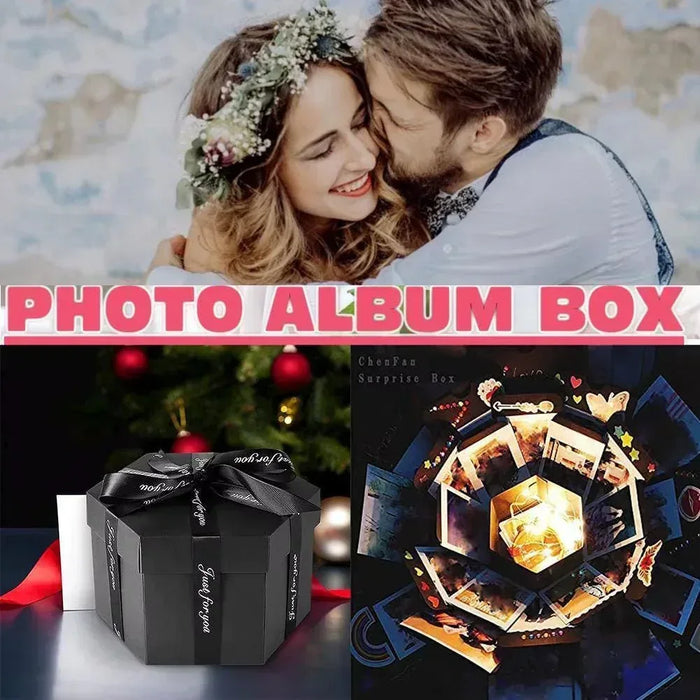 Black explosion gift box with ribbon on a table and a pop-up photo album layout