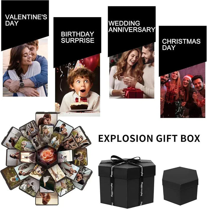 Explosion gift box with photo-card explosion pieces and a black wrapped gift