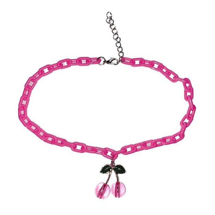 Pink chain necklace with dangling cherry charm