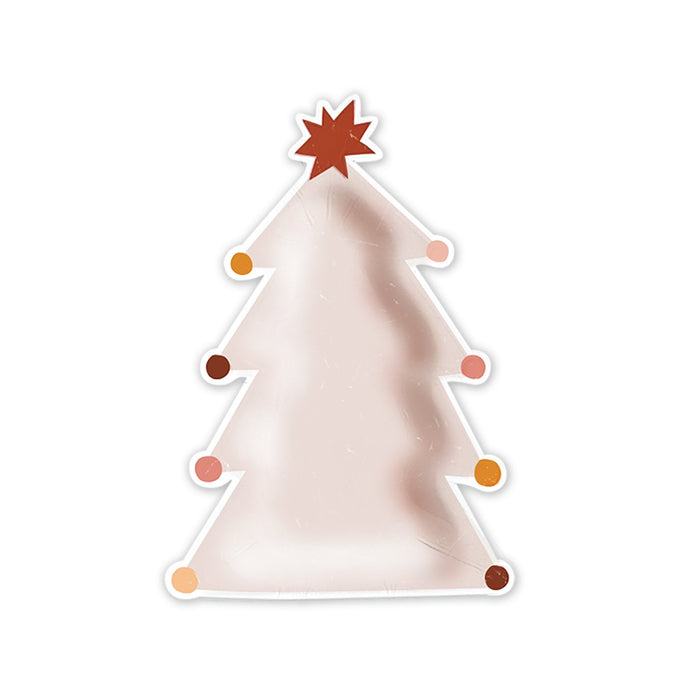 Pink Christmas tree-shaped paper plate with white outline and brown bauble accents