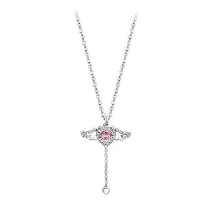 Silver-tone angel wings heart pendant necklace with pink crystal center and drop charm
