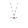 Silver-tone angel wings heart pendant necklace with pink crystal center and drop charm