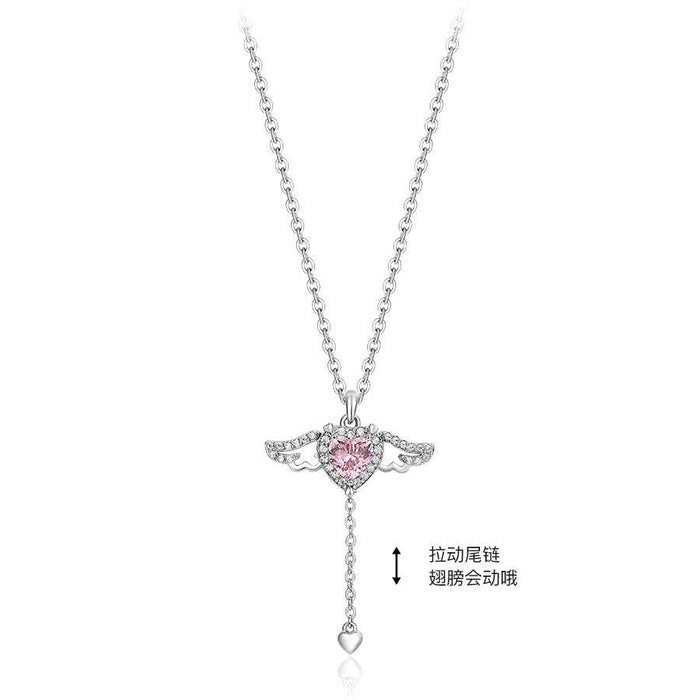 Silver-tone angel wings heart pendant necklace with drop chain and pink crystal center