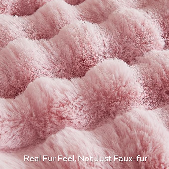Pink Faux Fur Queen Blanket – 90"x90" | 750GSM Wavy Bubble Texture | Opulent Plush Throw for Bed, Sofa & Chaise Lounge