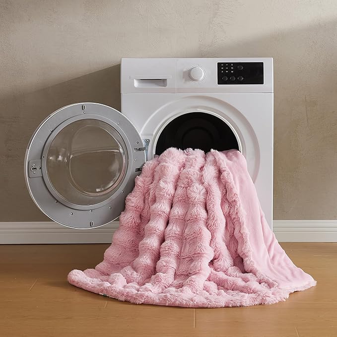 Pink Faux Fur Queen Blanket – 90"x90" | 750GSM Wavy Bubble Texture | Opulent Plush Throw for Bed, Sofa & Chaise Lounge