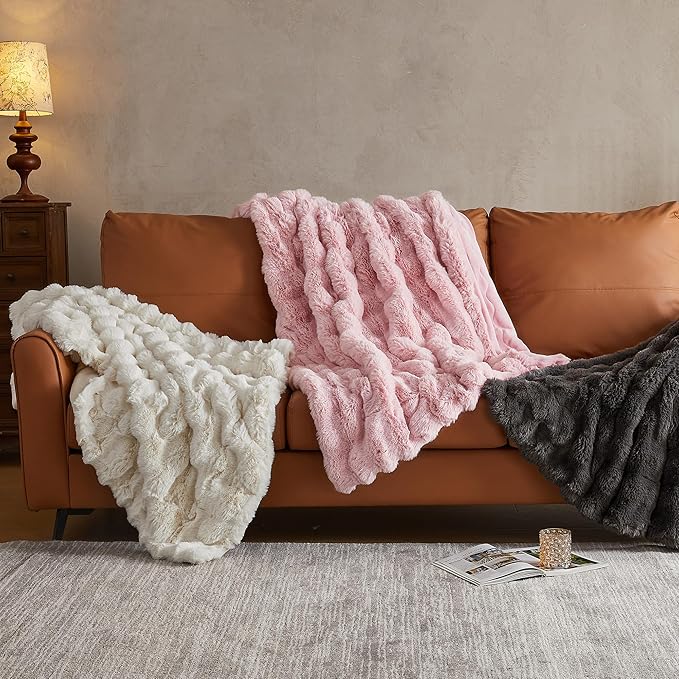 Pink Faux Fur Queen Blanket – 90"x90" | 750GSM Wavy Bubble Texture | Opulent Plush Throw for Bed, Sofa & Chaise Lounge