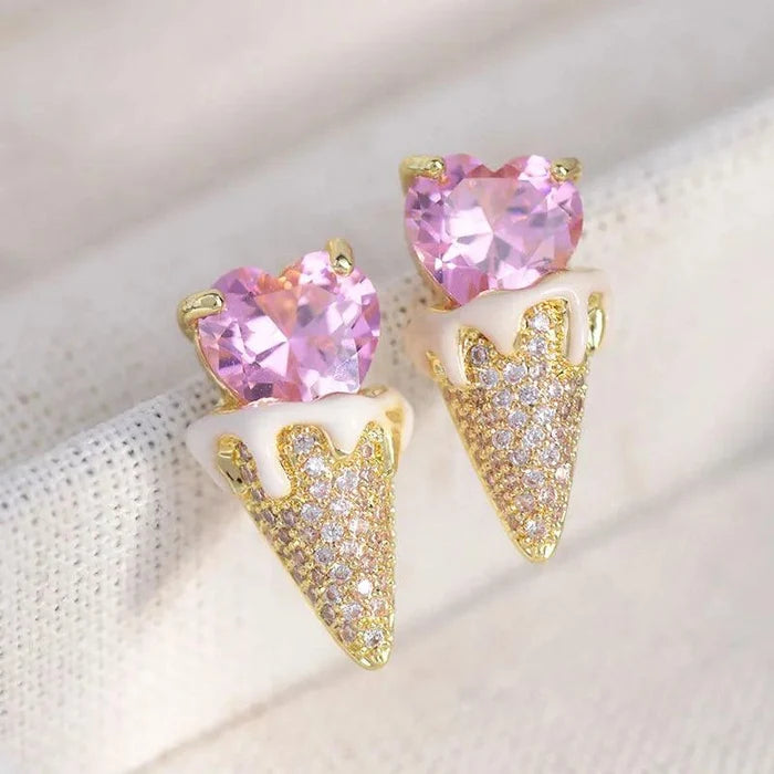 Ice cream earrings: pink heart stud with gold glitter cone, gold-tone setting