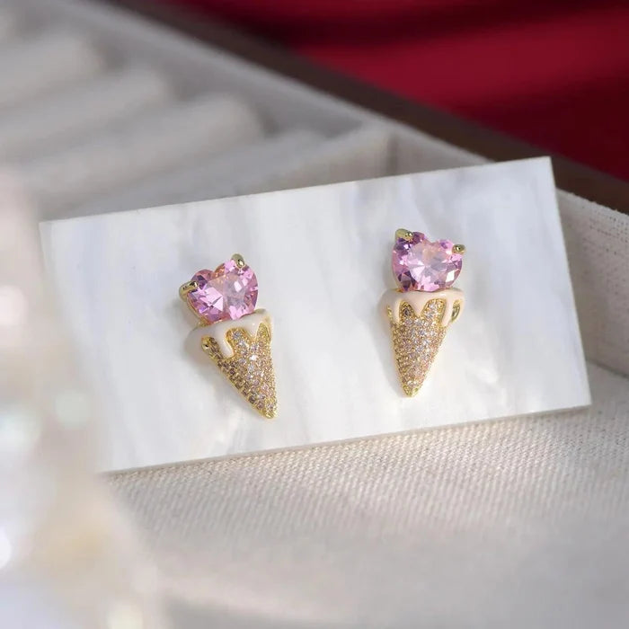 Ice cream earrings set: pink heart studs on gold glitter cone, gold-tone posts