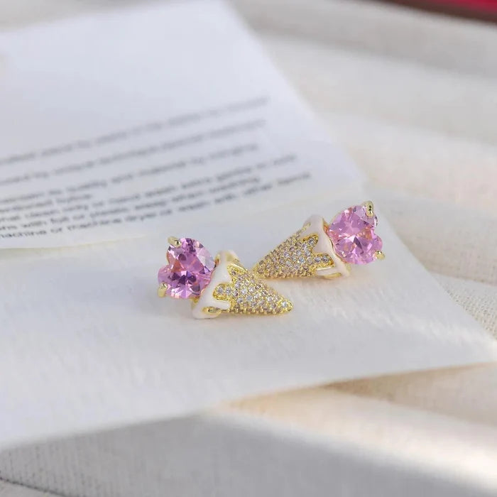 Ice cream earrings: pink heart studs with gold glitter cone, small gold settings