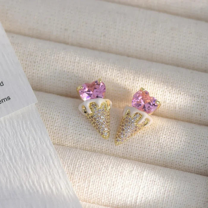 Ice cream earrings: pink heart stud tops on gold glitter cone points, gold-tone posts
