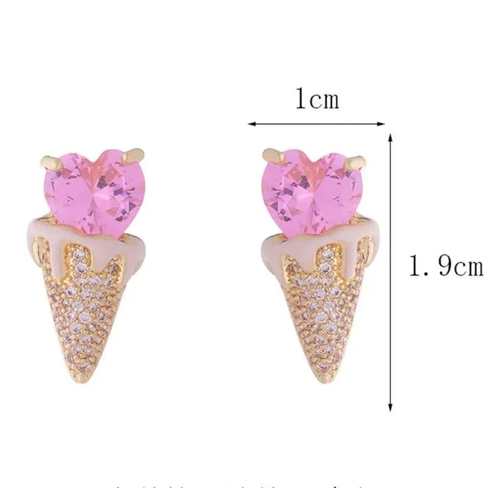 Ice cream earrings with pink heart and gold glitter cone; approx. 1.9 cm length