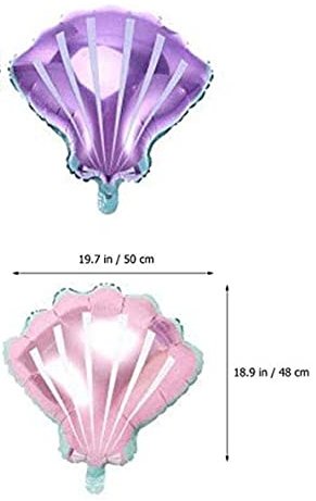 Purple seashell-shaped foil balloon with teal scalloped rim, with size measurements