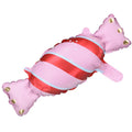 Pink spiral candy-style balloon with red-and-white stripe center and gold tips