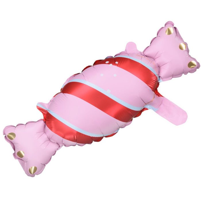 Pink spiral candy-style balloon with red-and-white stripe center and gold tips