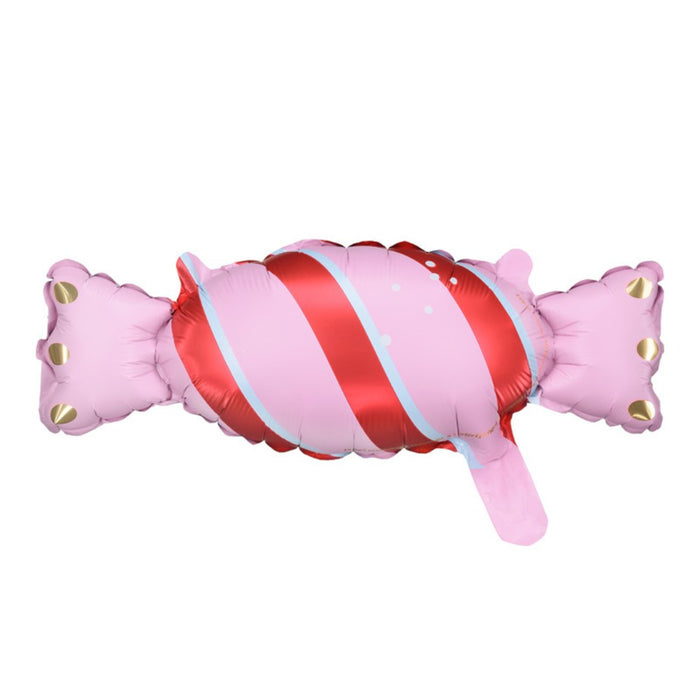 Pink candy-style balloon with red center stripes, light blue accents, and gold ends