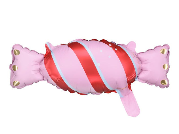 Pink spiral candy-style balloon with red-and-white stripes and gold end caps