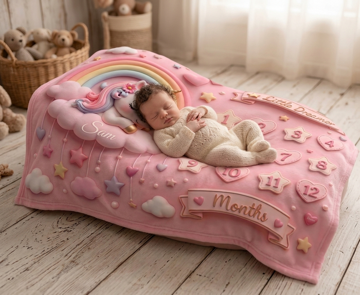 Pink milestone blanket with newborn on rainbow-unicorn design and month icons