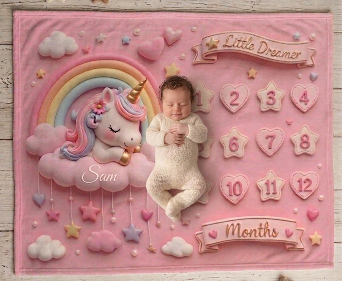 Pink unicorn milestone blanket with baby standing and 1–12 month hearts