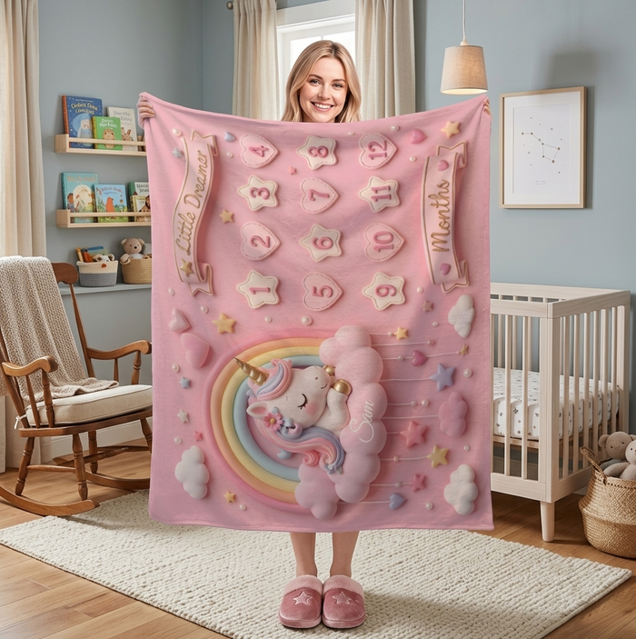 Pink unicorn milestone blanket held up in nursery, showing rainbow and 1–12 months