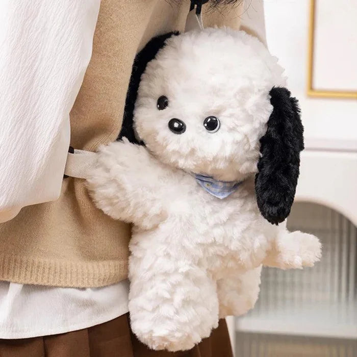 Plush crossbody bag with white puppy plush, black ears, blue bandana, hanging strap