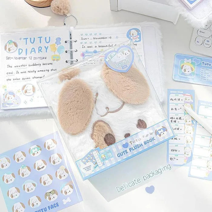 Plush puppy and cat loose-leaf notebooks with white and tan fuzzy covers