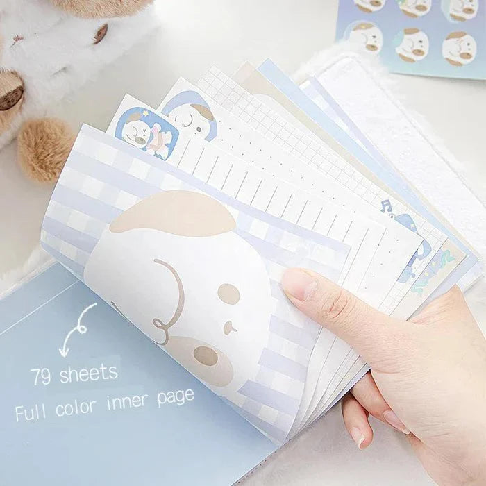 Open notebook showing lined inner pages with cute character icons