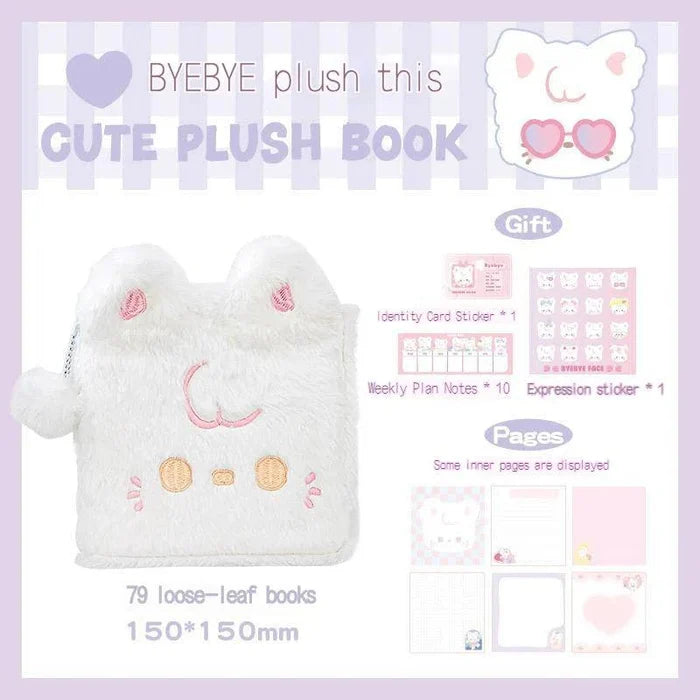 White plush cat notebook with fuzzy cover and stitched smiling face