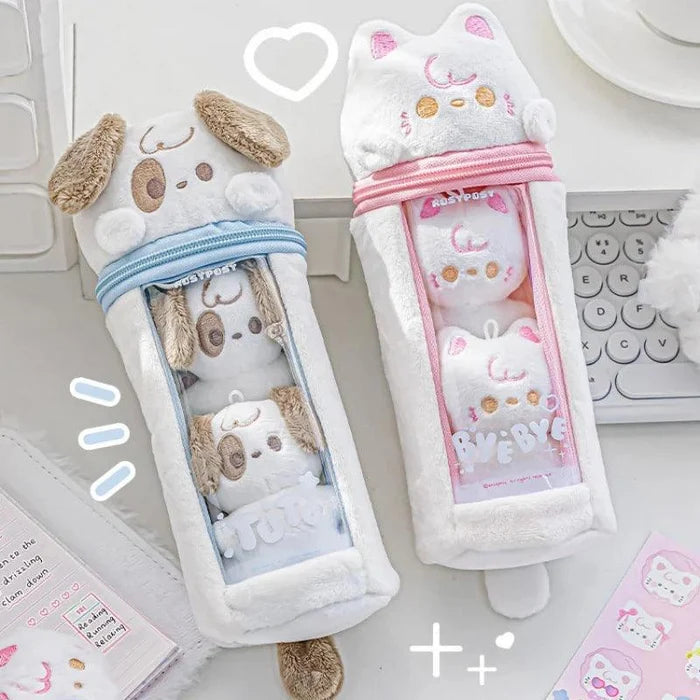 Plush cat pencil bag with white plush face, pink zipper, clear front pouch