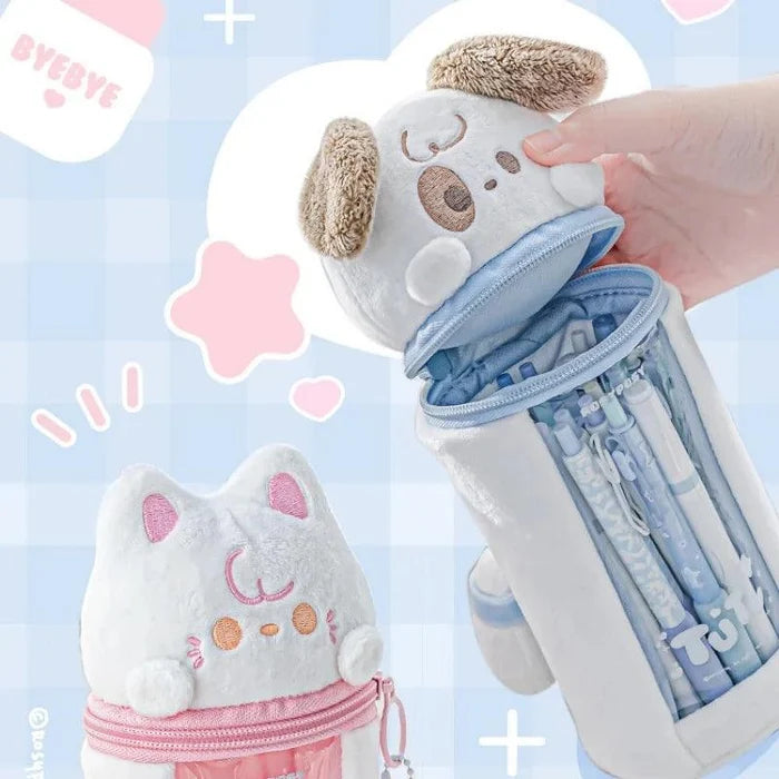 Plush puppy pencil bag with white plush head, blue zipper, clear front compartment