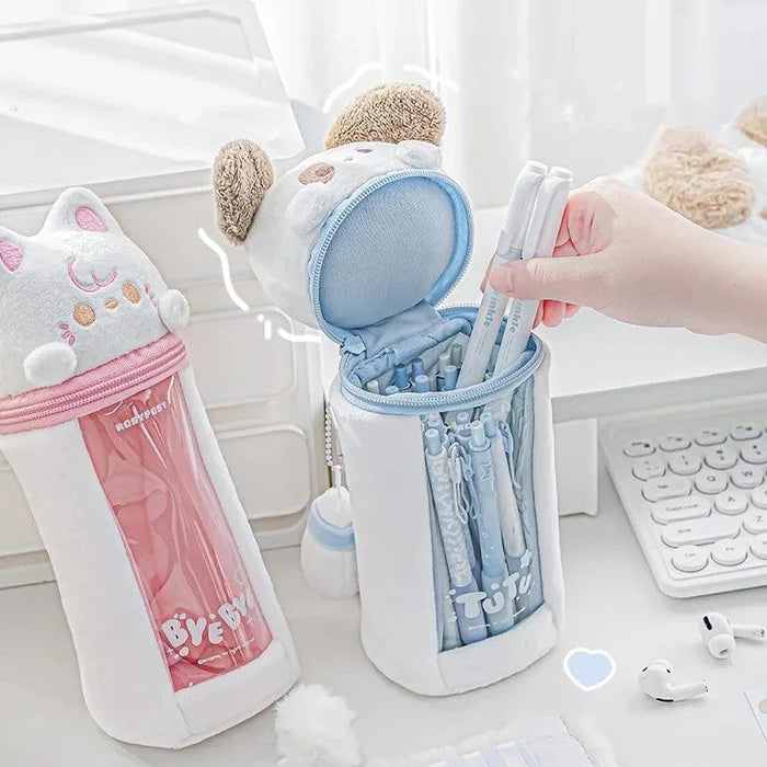Blue plush dog pencil bag with zipper top and clear pencil storage pocket
