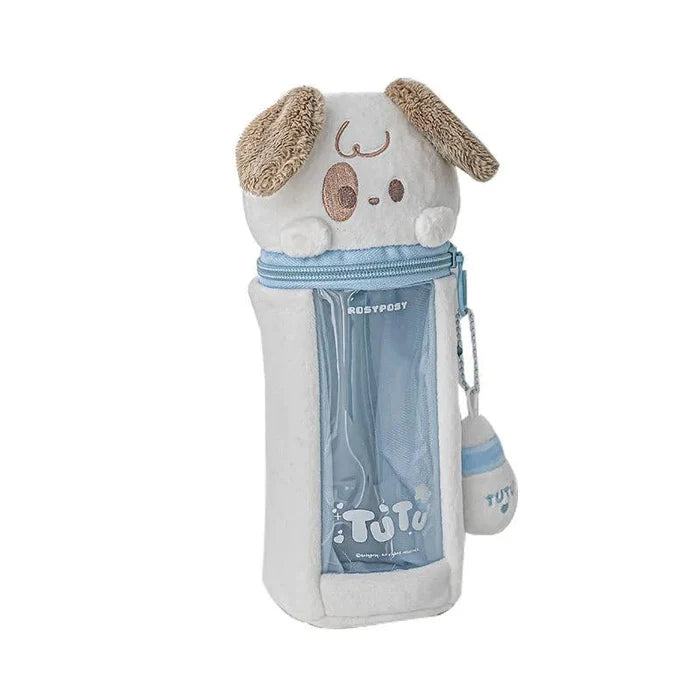 Plush puppy pencil bag with white fabric body, blue zipper, clear sleeve and keychain
