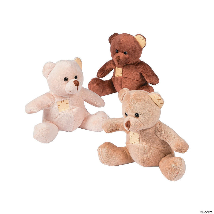 Plush suede teddy bear stuffed toy, light tan and brown, stitched paws
