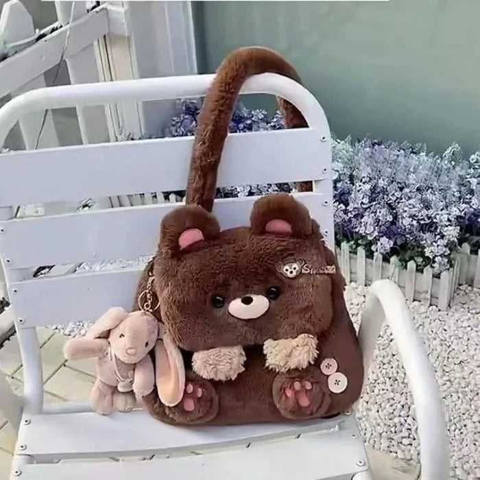 Plush teddy bear bag in brown with long handle, bunny charm, paw details