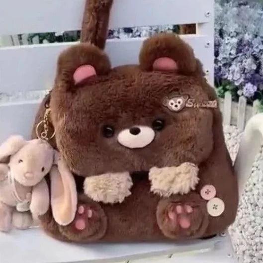 Brown plush teddy bear crossbody bag, rounded ears, bear face and front charm