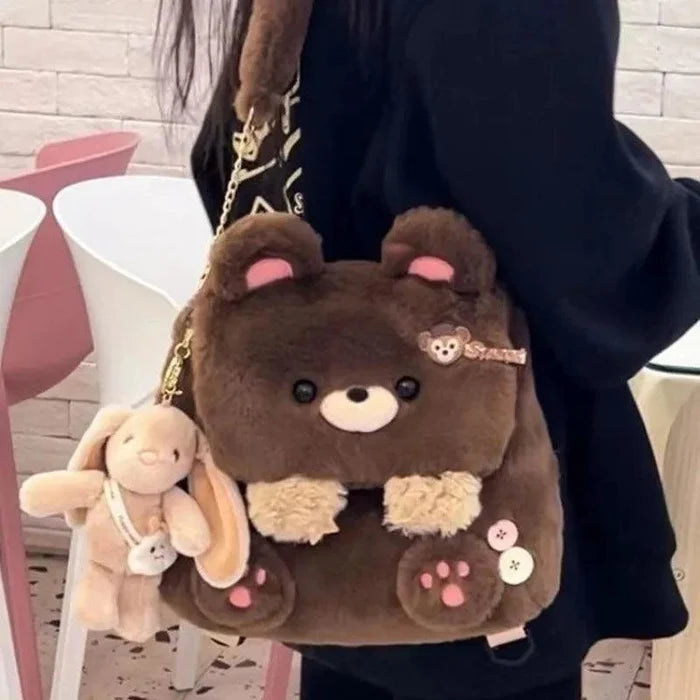 Brown teddy bear plush bag with long strap, bunny plush dangling, button charms