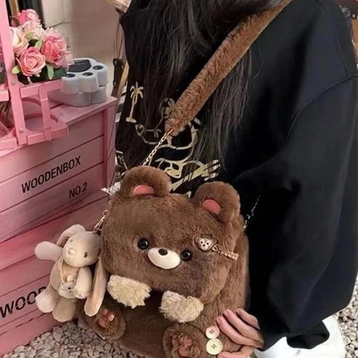Brown teddy bear plush bag, front buttons and paw pads, long strap