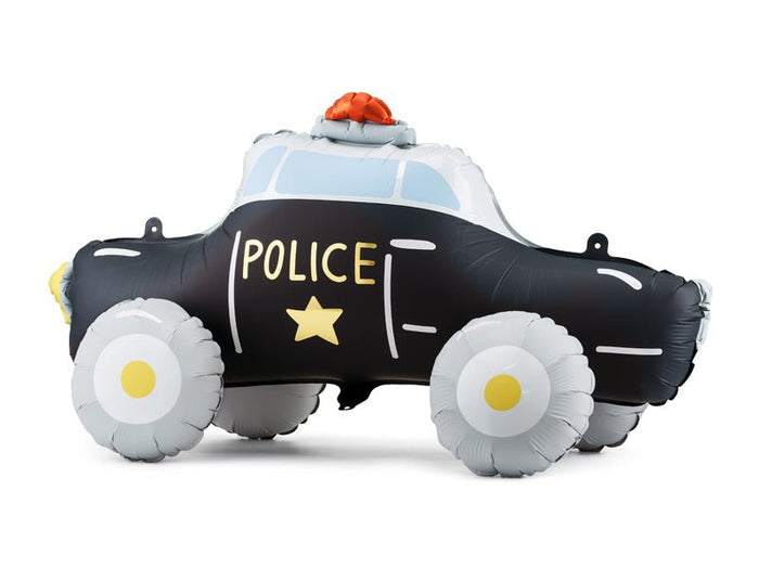 Police car balloon with POLICE text, yellow star, black body, white wheel balloons