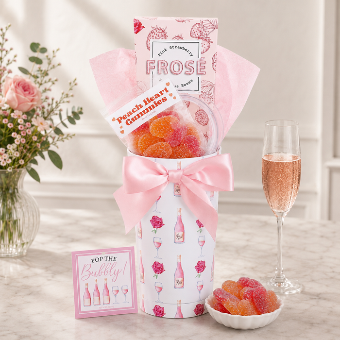 Pink FROSE tumbler with bow and gummy snack pouch gift set