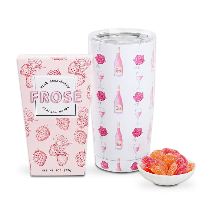 Pink FROSE tumbler with clear lid, gummy fruit pieces, and snack pouch