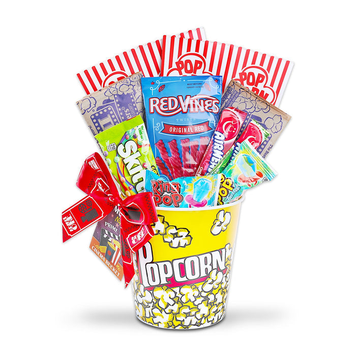 Movie night gift basket with popcorn tub and assorted snack packs with red ties